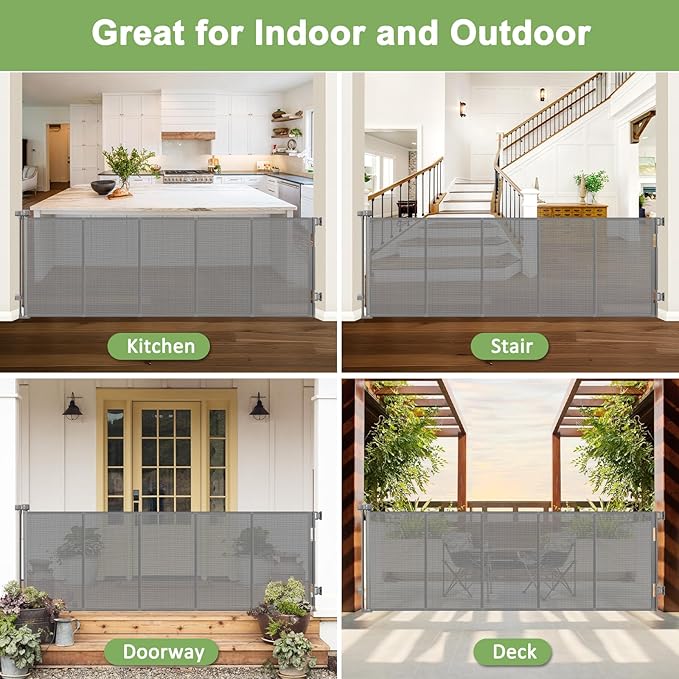Reinforced 100” Extra Wide Baby Gate for Doorway, 33” Tall Retractable Dog Gate with Reinforced Strips, 8.33 Ft Wide Baby Gates for Large Openings, Anti-Scratch Retractable Pet Gates for Dogs, Gray