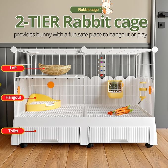 Oneluck Large Rabbit Cage Indoor,Loft Bunny Hutch with Rasied Urine-Proof Walls, Leak-Proof Trays, Wheels,37" L x22 W x 30" H for Rabbits, Chinchillas, Guinea Pig and Small Animals