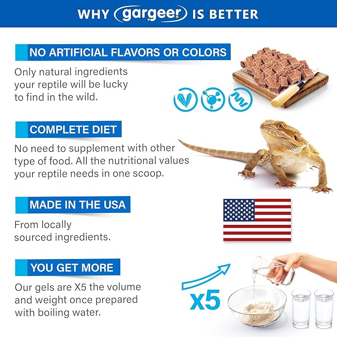 Gargeer 16oz Bearded Dragon Food. Complete Gel Diet for Both Juveniles and Adults. Proudly Made in The USA, Using Premium Ingredients, Fortified Gourmet Formula. Enjoy!