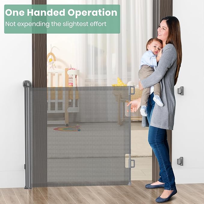 HAMOPY Retractable Baby Gates, 33" Tall, Extends up to 71" Extra Wide Baby Gate, Durable Auto-Lock Mesh Dog Gate, Pets and Child Safety Gates for Stairs, Doorways, Hallways, Indoor, Outdoor(Grey)