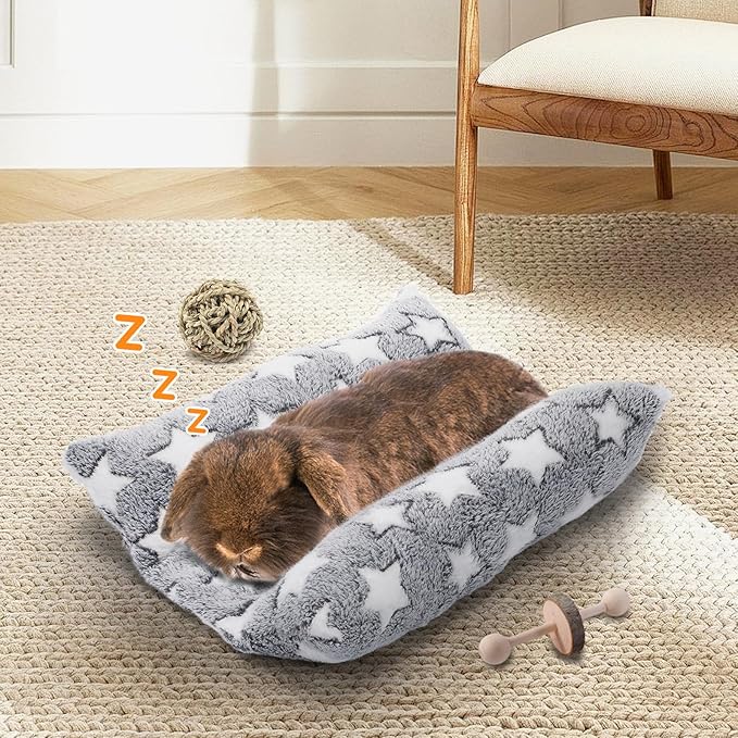 MEWTOGO 15.7" x 14" Bunny Bed for Rabbit Cage - Thickened Soft Prevent Sore Hocks Plush Mat with Cotton Lounger Pillows, Small Animal Flop Mat for Hutch Sleeping Indoor, Gray-Star