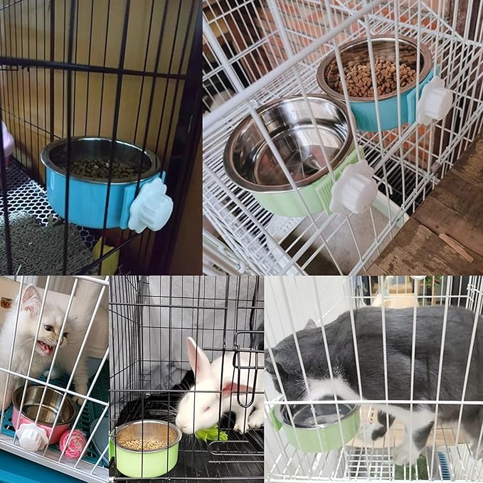 kathson Crate Dog Bowl, Removable Stainless Steel Hanging Pet Cage Bowl Food & Water Feeder Coop Cup for Cat, Puppy, Birds, Rats, Guinea Pigs 4pcs(2×Blue,1×Pink,1×Green)