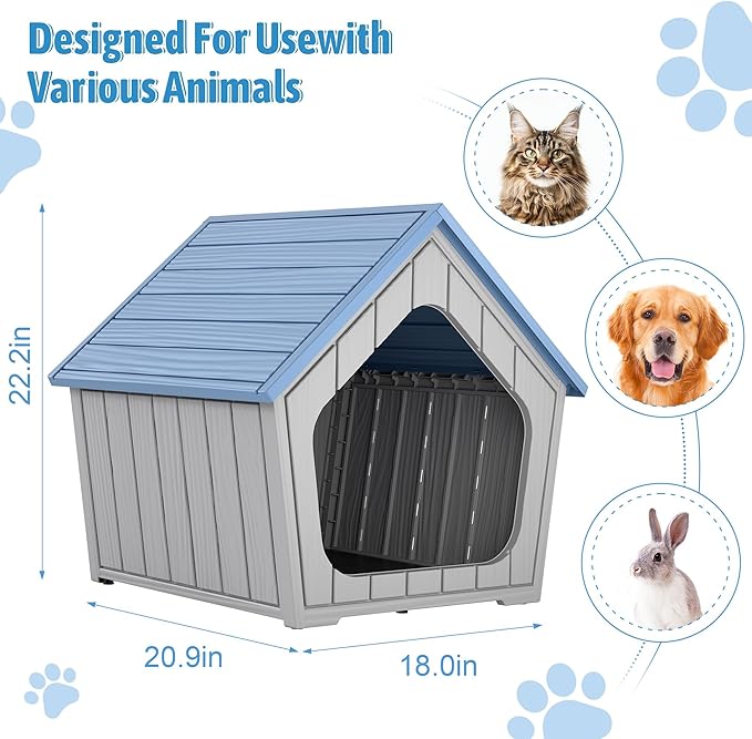 Fancyango Indoor Outdoor Small Dog House - Weatherproof for Small Dogs, Sturdy Pet Kennel Shelter for Indoor Living Room & Outdoor Patio (Blue, 23.43" L×22.44" W×22.24" H)