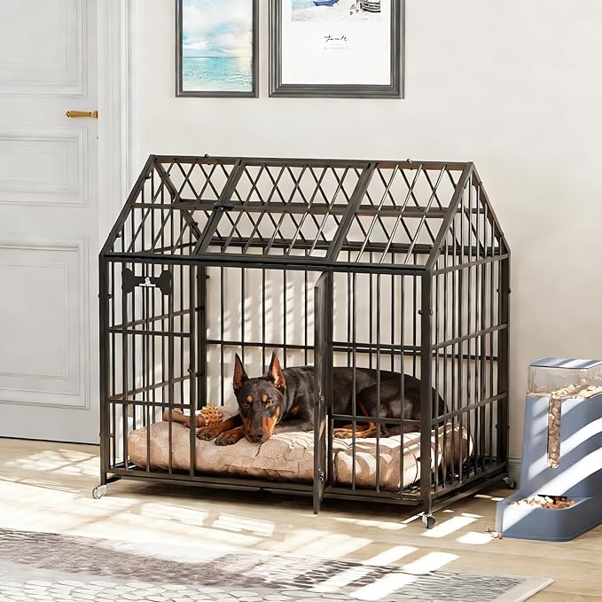 Dosker Heavy Duty Dog Crate 42 Inch,XL Large/Medium Pet Dog Cage Kennel Indoor,Steel Escape Proof Cage with Roof Top 2 Doors Removable Trays,Lockable Wheels