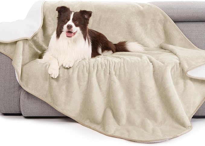 gogobunny Waterproof Bed Blanket, Reversible Sherpa Fleece Throw Blanket for Dog Puppy Cat, Furniture Cover Protects Bed Couch Sofa from Liquid Pee and Pet Fur (Cream, 50x60 inches)
