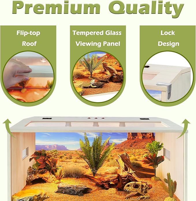 PROLEE Bearded Dragon Tank, Up to 81Gallon Reptile Enclosure, Tempered Glass Lizard Tank, Bearded Dragon Enclosure with Built-in Lamp Fixture for Chameleon (Wooden Roof, 68Gallons,40x19.5x19.5 Inch)