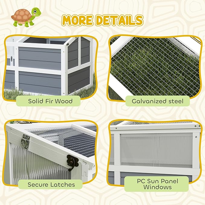 PawHut Tortoise Habitat, Wooden Outdoor Tortoise Enclosure with Doors, PC Sun Panel Windows, Bottomless Design Tortoise House for Small Animals, Rabbits, Light Gray