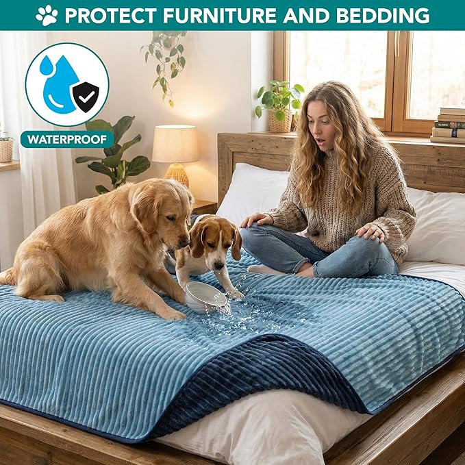 PetAmi Waterproof Dog Blanket, Leakproof Pet Blanket for Small Medium Large Dogs, Reversible Furniture Bed Sofa Couch Cover Protector, Plush Striped Pet Throw for Indoor Cat, 40x60 in, Navy Blue