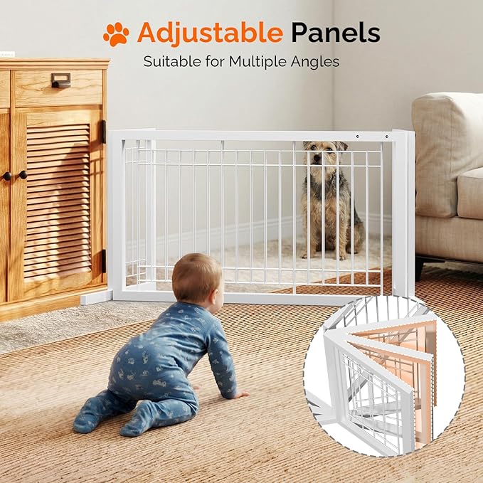 Bonnlo Free Standing Dog Gate, 37" - 68" Wide Pet Gate for Fireplace Stairs Doorways, Metal Adjustable Pet Fence Indoor, Christmas Tree Gate (Metal-White)