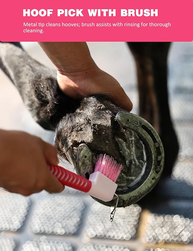 Horse Grooming Kit, 11-Piece Complete Grooming Supplies Set with Curry Comb, Brushes & Hoof Pick for Daily Care, Stable & Show Use Pink Garnet