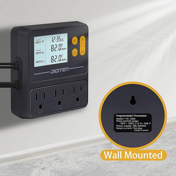 DIGITEN Reptile Temperature Controller with Timer Day-Night,3-Stage Outlet Thermostat Cooling Heating Mode Temperature Controlled for Ball Pythons,Mushroom,Fermentation,Bearded Dragon