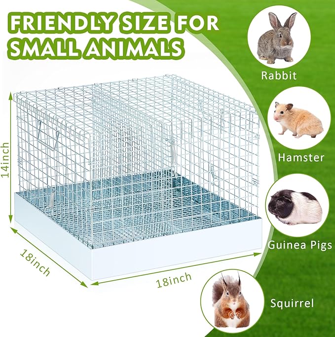 DoubleFill 2 Hole Folding Rabbit Transport Cage, Portable Bunny Carrier with Tray and Handles for Travel or Temporary Housing, Indoor Outdoor Pet Habitat Animal Enclosure(18 x 18 x 14 in)