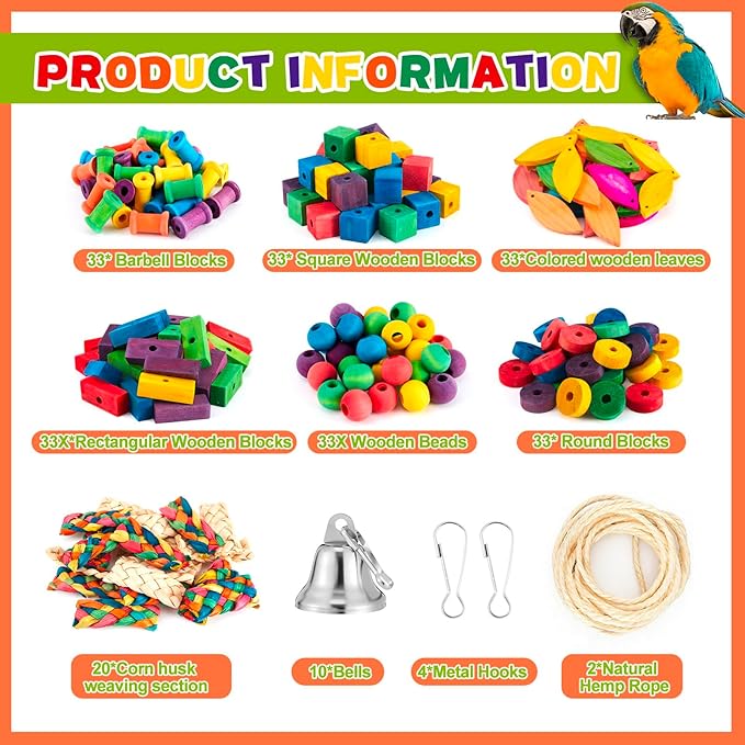 Shappy DIY Bird Toy Making Kit for Parrot 228 Pcs Colorful Multi-Shaped Wood Blocks, DIY Bird Cage Chewing Toys Kit Biting Tearing Playing Training Gifts for Parakeet, Macaws, Cokatoos, African Grey