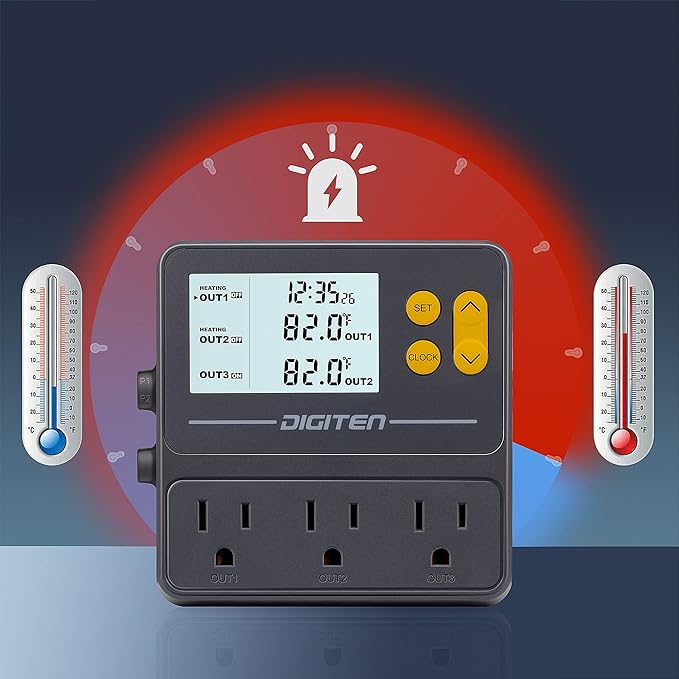 Reptile Temperature Controller, 3 Outlet Timer Thermostat for Grow Tent, Incubation, Snakes, Fish Tank, Heater, humidifiers, Ball Pythons, Bearded Dragon Tank
