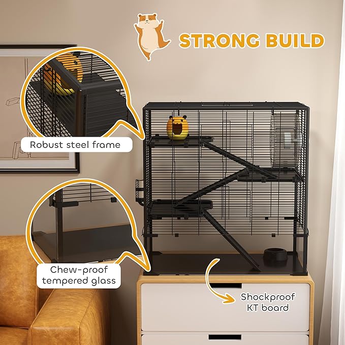 PawHut Large Hamster Cage with 9" Deep Tempered Glass Bottom, 4 Tiers Hamster Tank with Running Wheel, Hut, Water Bottle, Dish, Rat Cage for Syrian, Dwarf, Gerbils, Mouse, 31" x 19" x 31.5", Black