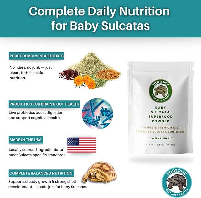 Baby Sulcata Food Powder with Calcium - Scientifically Formulated Diet for Healthy Growth - High Fiber Low Protein with Probiotics | 2.5 oz Bag | 2 Week Supply