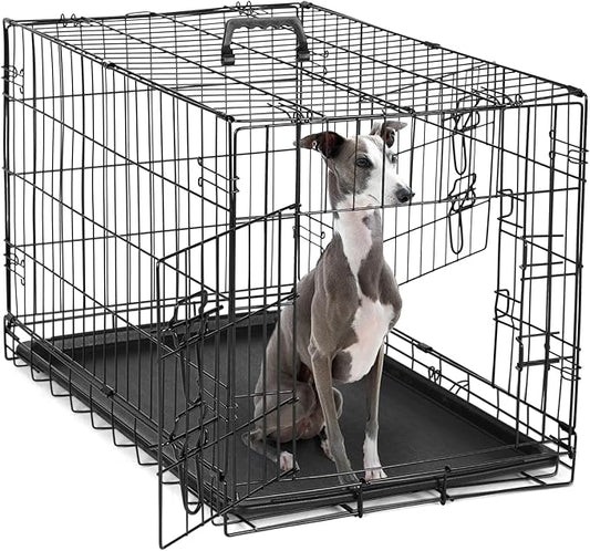 DUMOS Dog Crate, 36 Inch Medium Double Door Dog Cage with Plastic Leak-Proof Pan Tray, Folding Metal Wire Pet Kennel for Indoor, Outdoor, Travel