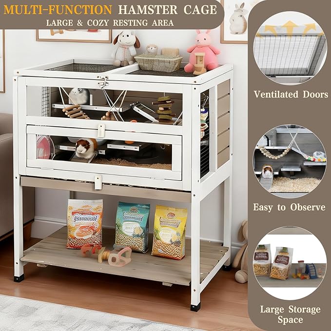 Ketive Wooden Hamster Cage Indoor with Stand and Storage Shelf, 3-Tier Small Animal Habitat with Clear Front Window, Openable Top, Anti-Chew Ramps, Hideout House, Deep Pull-Out Tray Guinea Pig cage