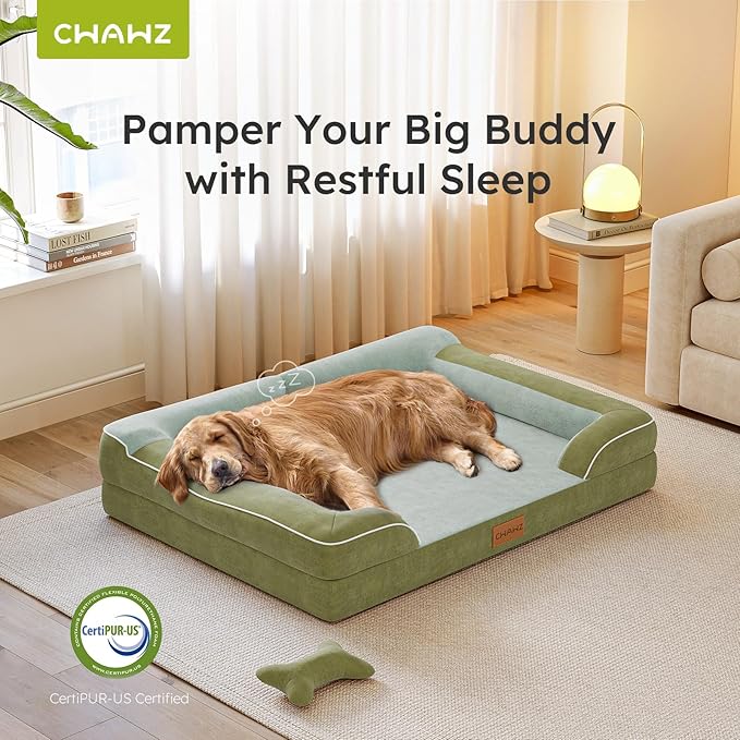 CWAWZ Extra Large Dog Bed, Orthopedic Dog Bed with Cooling Gel Memory Foam, Waterproof XL Pet Bed with Removable Washable Cover, 42" Pet Sofa Couch Dutch Velvet with Bone Toy, Dark Green