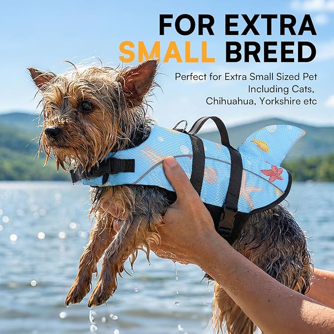 Queenmore Small Dog Shark Life Jacket, Small Dog Life Vest for Swimming and Boating, Lightweight Dog Life Preserver with Rescue Handle/Leash Hook/Reflective Strips