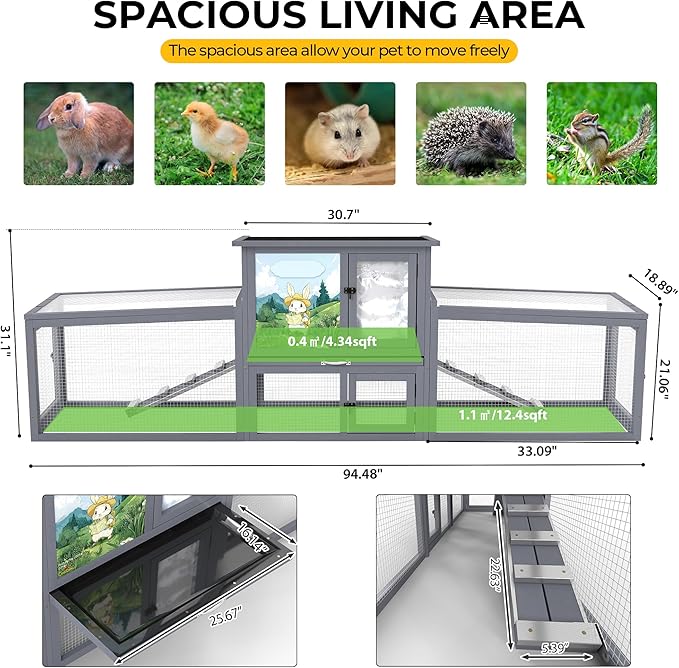 COZIWOW Large Wooden Rabbit Hutch Outdoor Indoor Bunny Cage, 2-Level Small Animal House Enclosure with All-Covered Sloped Roof (Grey with Warm)