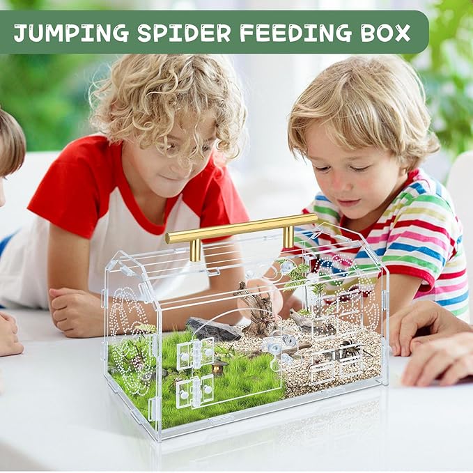 Acrylic Jumping Spider Enclosure, 8.7x5.1x6.9 Inch Tarantula Enclosure with Front Opening Door& Feeding Holes and Handle, Transparent Terrarium for Reptiles, Amphibians and Spiders