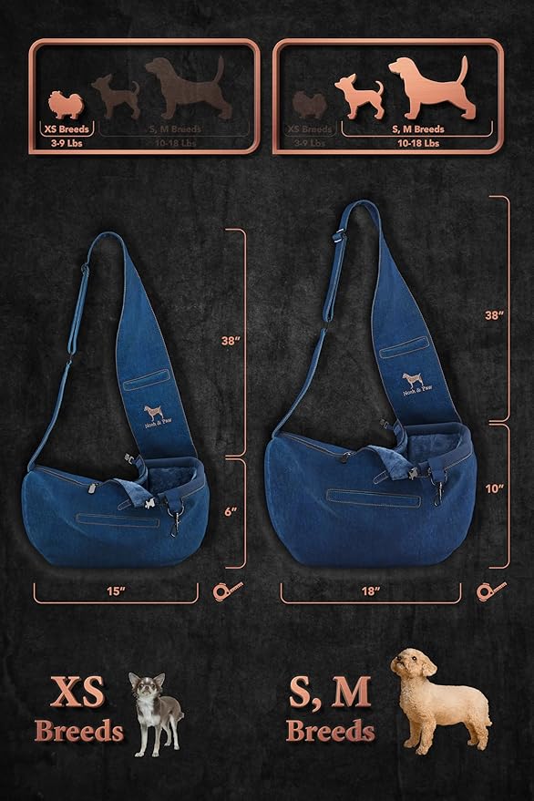 Noah & Paw Dog Sling Carrier for Small Dogs 3-10lb, Dog Sling for Small Dogs and Cats, Dog Carrier with Adjustable Padded Strap, Vegan Denim Lined with Fur, 3X Safety Features, Machine Washable