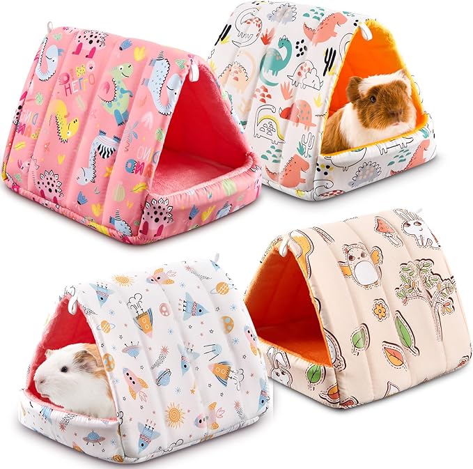 Cinnvoice 4 Pcs Guinea Pig Hideout, Guinea Pig Bed Tunnel, Rabbit Washable Small House Cage Accessories for Bunny Hedgehog Mouse Chinchillas Hamsters Ferrets Bearded Dragons Rats(Cartoon, 7.9 in)