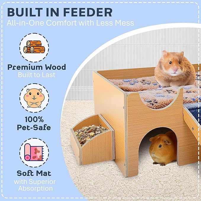 Guinea Pig Wooden Hideout with Built-in Feeder, Screw-Assembled Natural Wood Castle with Absorbent Fleece Mat, Ramp & Accessories, Cozy Safe Hideaway for Small Pets to Rest, Play & Explore