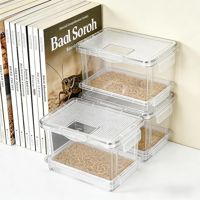 4 Pcs Mealworm Breeding Kit - to Breed Live Mealworms, Clear Mealworm Farm Containers for Live Mealworms, Reptiles, Lizards, Frogs,Tortoises (5.3"x3.5"x4")