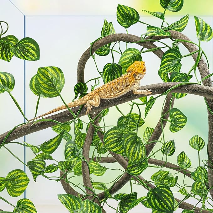 QUOZUO Reptile Tank Accessories, Artificial Plants Vines and Flexible Leaves With Suction Cups, Crested Gecko Tank Long Vines Hide for Climbing, Chameleon, Lizards