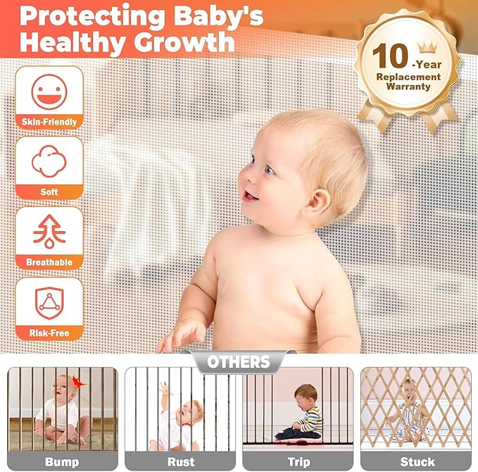 Retractable Baby Gates for Stairs, 78" Wide Retractable Dog Gate Pet Gate, 34" Extra Tall Child Safety Gate Toddler Mesh Gate with Support Rods for Doorways, Hallways, Deck, Porch, Indoor, Outdoor