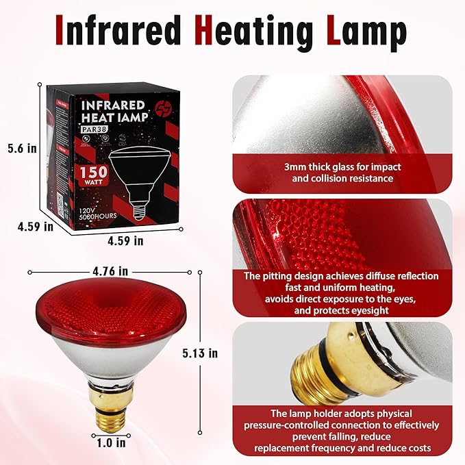 Heat Lamp, 175W Heat lamp Bulbs, PAR38 Infrared Heat lamp, Halogen Heat for Food Service, Brooder Bulb, Chicks, Pet, Bathroom, Light Therapy Use E26 Base, Flood Light Heat Lamp. 1 Pack