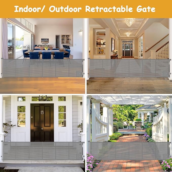 Reinforced 150 Inch Extra Wide Dog Gate with Cat Door 12.5 Ft Extra Long Baby Gates for Large Openings 33” Tall Retractable Pet Gates for Wide Openings Large Pet Gate with Cat Door, Gray