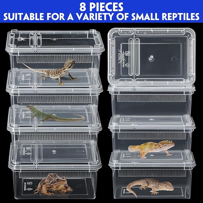 Irenare 8 Pcs Reptile Breeding Box Plastic Spider Terrarium Tarantula Feeding Box for Bearded Dragon Lizard Spider Gecko Scorpion(Vent Strips,Clear,7.48 x 4.92 x 2.95 Inch)