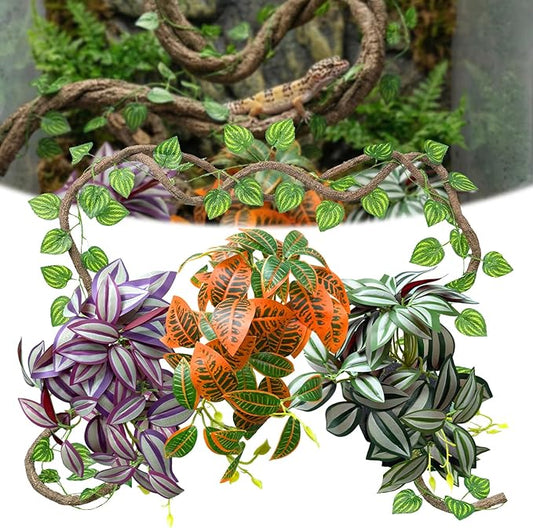 5 Pcs Reptile Plants & Habitat Decor Kit - 3 Artificial Hanging Plants & Large 3.3ft Jungle Vine Branch, Terrarium Tank Climbing Accessories for Crested Gecko, Bearded Dragon, Lizard, Snake, Chameleon