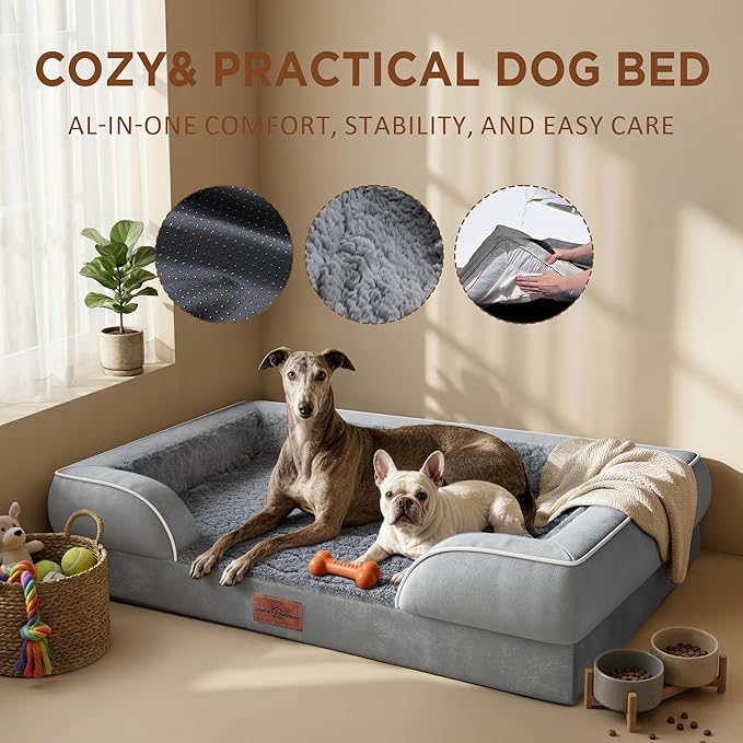 Comfort Expression Orthopedic Dog Bed for Large Dogs 36x27 Inch, Waterproof Supportive Egg Crate Foam Large Pet Bed with Removable Bolsters, Dog Couch with Washable Cover & Non-Slip Bottom, Grey