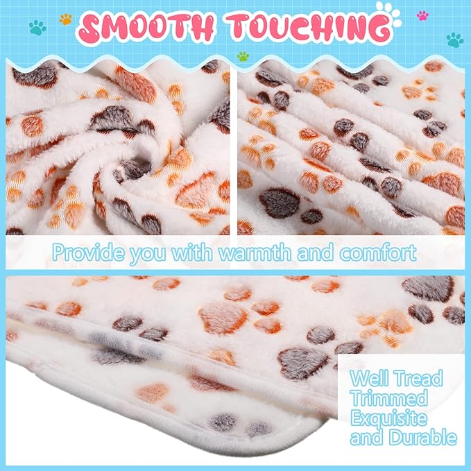 Tatuo 4 Pcs Dog Blanket for Pet Cat Blankets Indoor Puppy Teething Stuff Toys Paw Print Fleece Blanket Warm Sleep Mat for Guinea Pig Cage(White,Small(24 x 16 Inch))