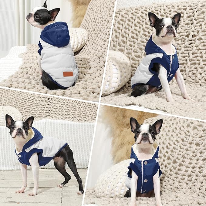 Vecomfy Fleece Lining Extra Warm Dog Hoodie in Winter,Small Dog Jacket Puppy Coats with Hooded,Beige and Blue S