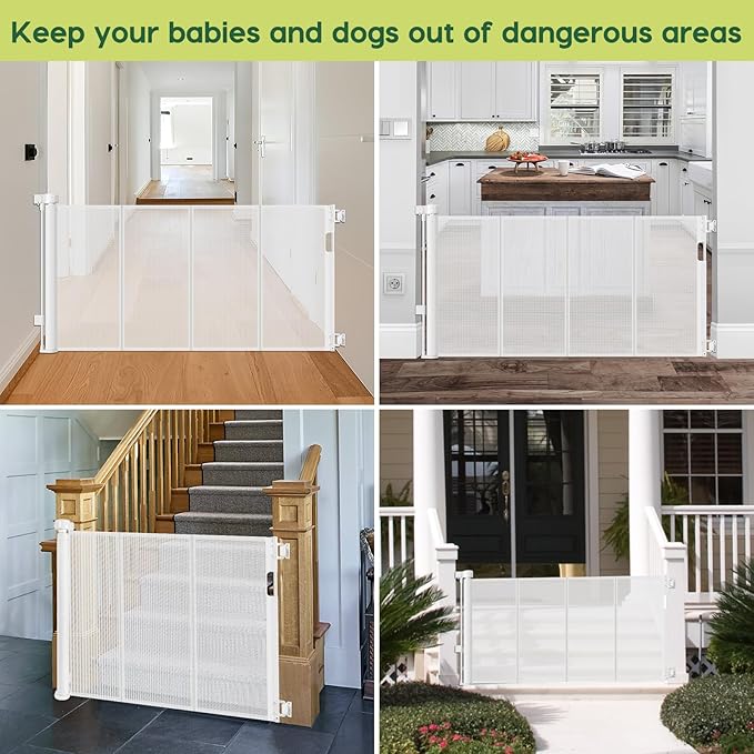Reinforced 55" Wide Retractable Baby Gates for Doorways to Prevent Crawling Under, Outdoor Retractable Gate, Mesh Child Safety Gates for Toddlers, Indoor/Outdoor Baby Gate for Deck/Porch/Patio, White