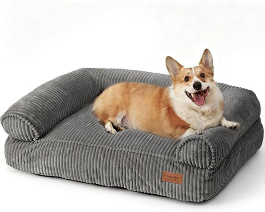 FUKUMARU Cute Dog Bed, Thickened Orthopedic Dogs Couch, 36in Egg Crate Foam Pet Sofa for Medium to Large Dogs, Waterproof Warm Corduroy Pet Bed with Washable Cover, Dark Grey