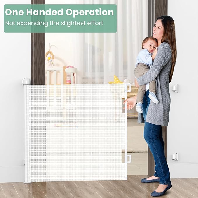 HAMOPY Retractable Baby Gate, 33" Tall, Extends up to 71" Extra Wide Baby Gate, Durable Auto-Lock Mesh Dog Gate, Pets and Child Safety Gates for Stairs, Doorways, Hallways, Indoor, Outdoor(White)
