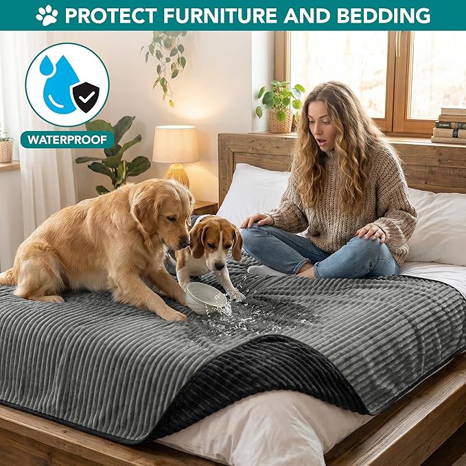PetAmi Waterproof Dog Blanket, Leakproof Pet Blanket for Small Medium Large Dogs, Reversible Furniture Bed Sofa Couch Cover Protector, Plush Striped Pet Throw for Indoor Cat, 60x80 in, Black Grey