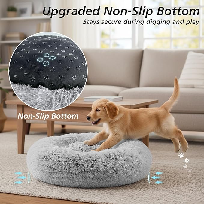 JOLLYVOGUE Calming Dog Beds Large Sized Dog, 36in Donut Washable Large Pet Bed, Anti-Slip & Anti-Anxiety Fluffy Faux Fur Round Dogs Bed, Fits up to 80 lbs Pets (Smoke Grey)