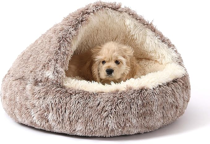 NOYAL Round Hooded Donut Dog Bed for Small & Medium Pets - Plush Fluffy Anti-Anxiety Cat Cave Bed with Cover