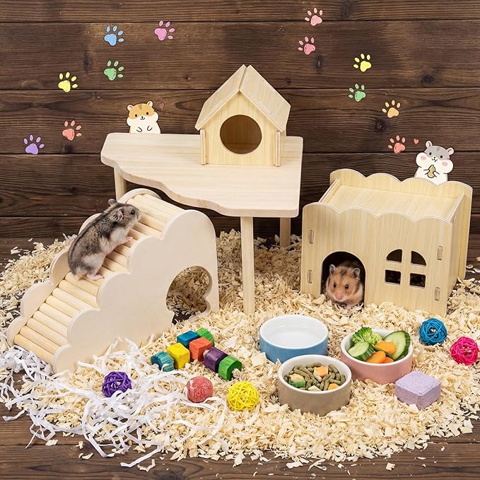 BreezeHug 4 Pcs Hamster Platform Hideout Wooden Tunnel Ladder Playhouse Hamster Game Climbing Toy with Platform Cage Accessories for Small Pets Dwarf Syrian Mice Degus Gerbils Squirrel(Wave House)