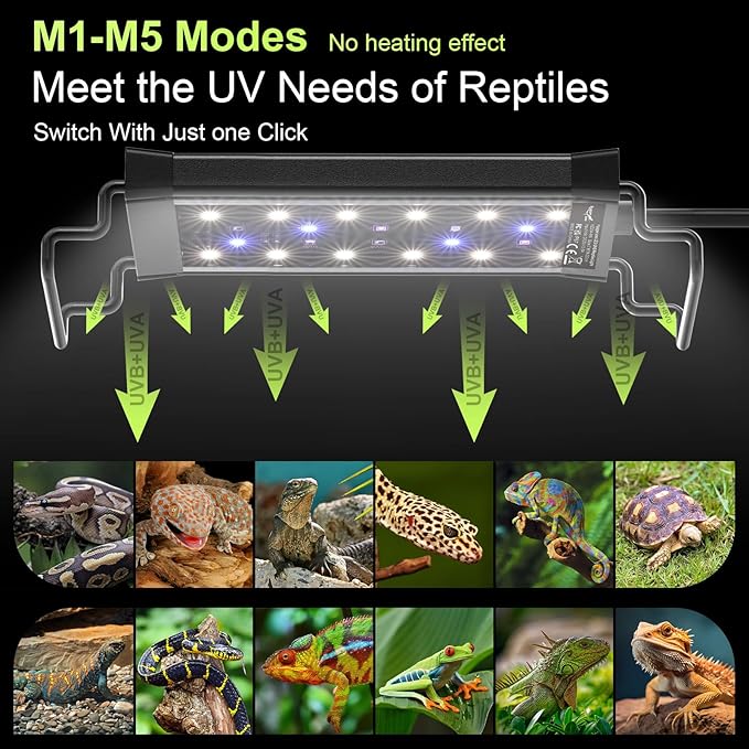 8W LED UVB Light for Reptiles Terrarium Light Extendable Reptile Tank Light with Controller ＆Dimming and 5 UVI Modes Full Spectrum Brilliant White Blue Red Lights for Bearded Dragon, Gecko