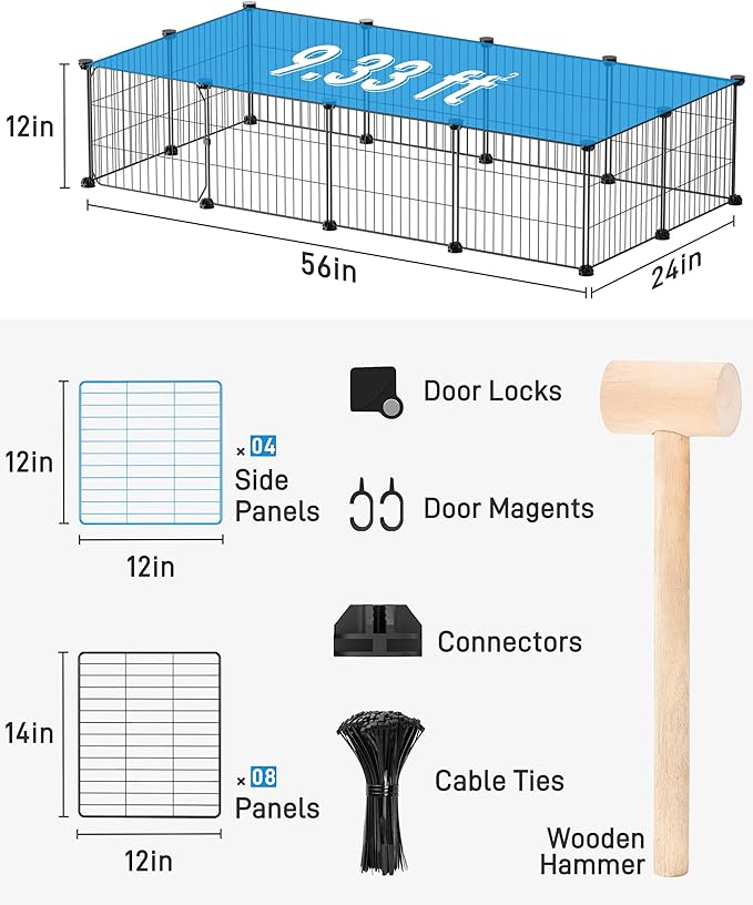 BUCATSTATE 12 Panels Guinea Pig Playpen, Rabbit Playpen Indoor, 56" L x 24" W x 12" H Small Animal Playpen with Door for Guinea Pigs, Bunny, Hedgehogs, Chinchillas