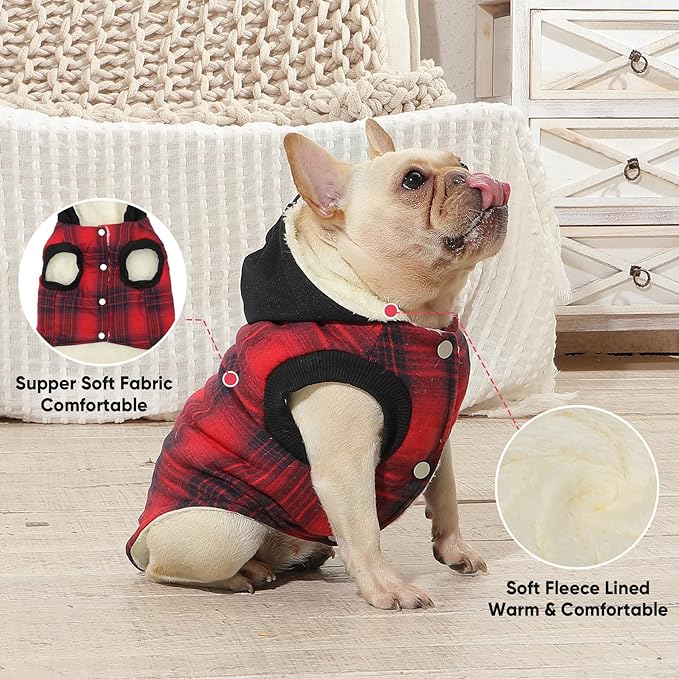 Vecomfy Fleece Lining Dog Hoodie for Small Dogs Extra Warm Plaid Sweater with Drawstring Hooded Coats in Winter Puppy Jacket,Red XS