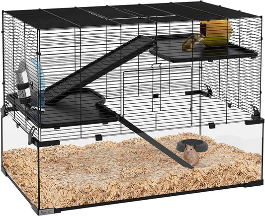 PawHut Large Hamster Cage with Deep Tempered Glass Bottom, 3 Tiers Hamster Tank with Running Wheel, Hut, Water Bottle, Dish, Rat Cage for Syrian, Dwarf, Gerbils, Mouse, 30" x 19" x 21.5", Black